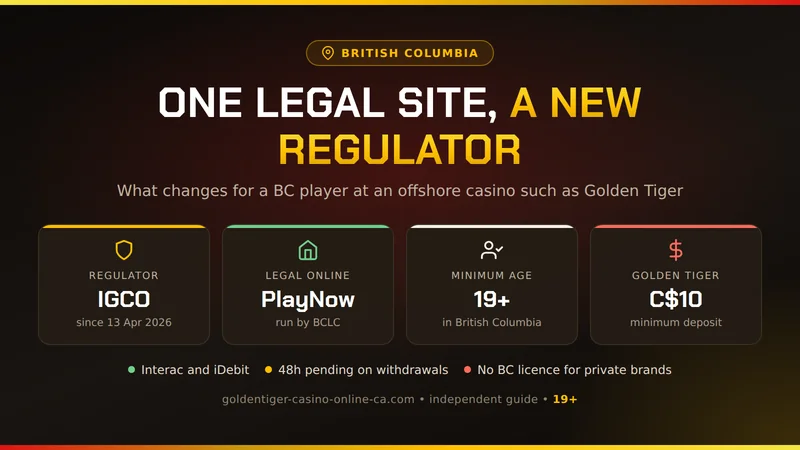 Golden Tiger in British Columbia: PlayNow is the only legal BC site, the IGCO regulates since 13 April 2026, 19+ and C$10 minimum deposit at Golden Tiger