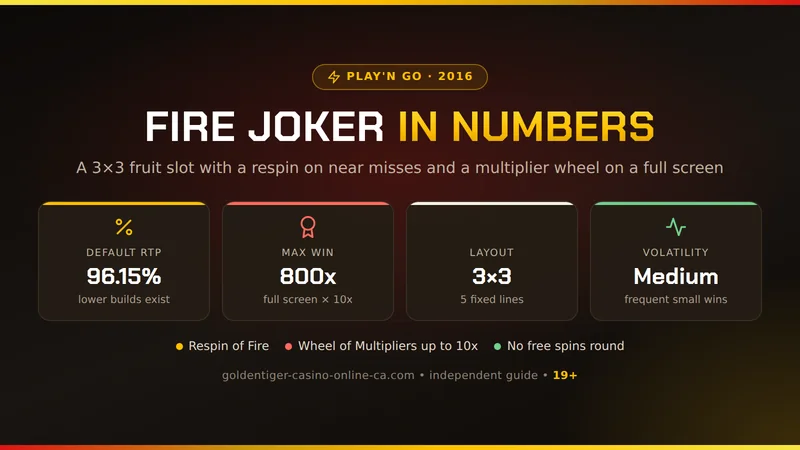 Fire Joker by Play'n GO at a glance: 96.15% RTP, 800x max win, 3x3 reels with 5 lines, Respin of Fire and a Wheel of Multipliers up to 10x