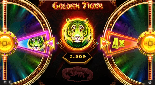 Golden Tiger bonus wheel with a tiger emblem and multiplier